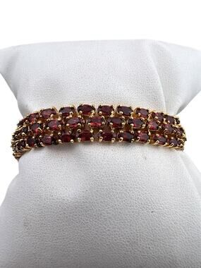 DBJ Sterling Silver Vermeil 3 Row Tennis Bracelet 7.25" Garnets Safety Clasp